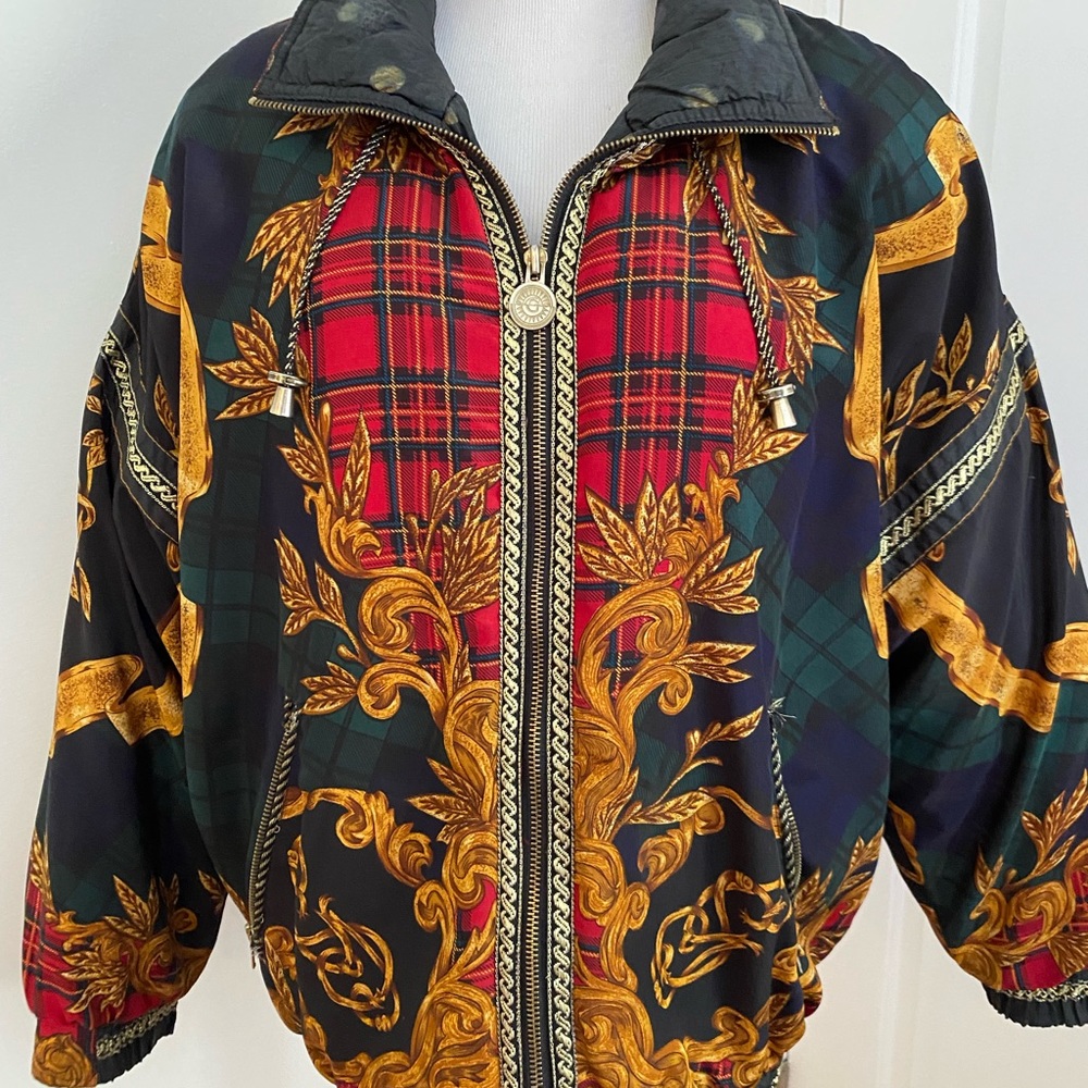 Vintage Gallery Down Red Gold Black Print Coat Size Large
